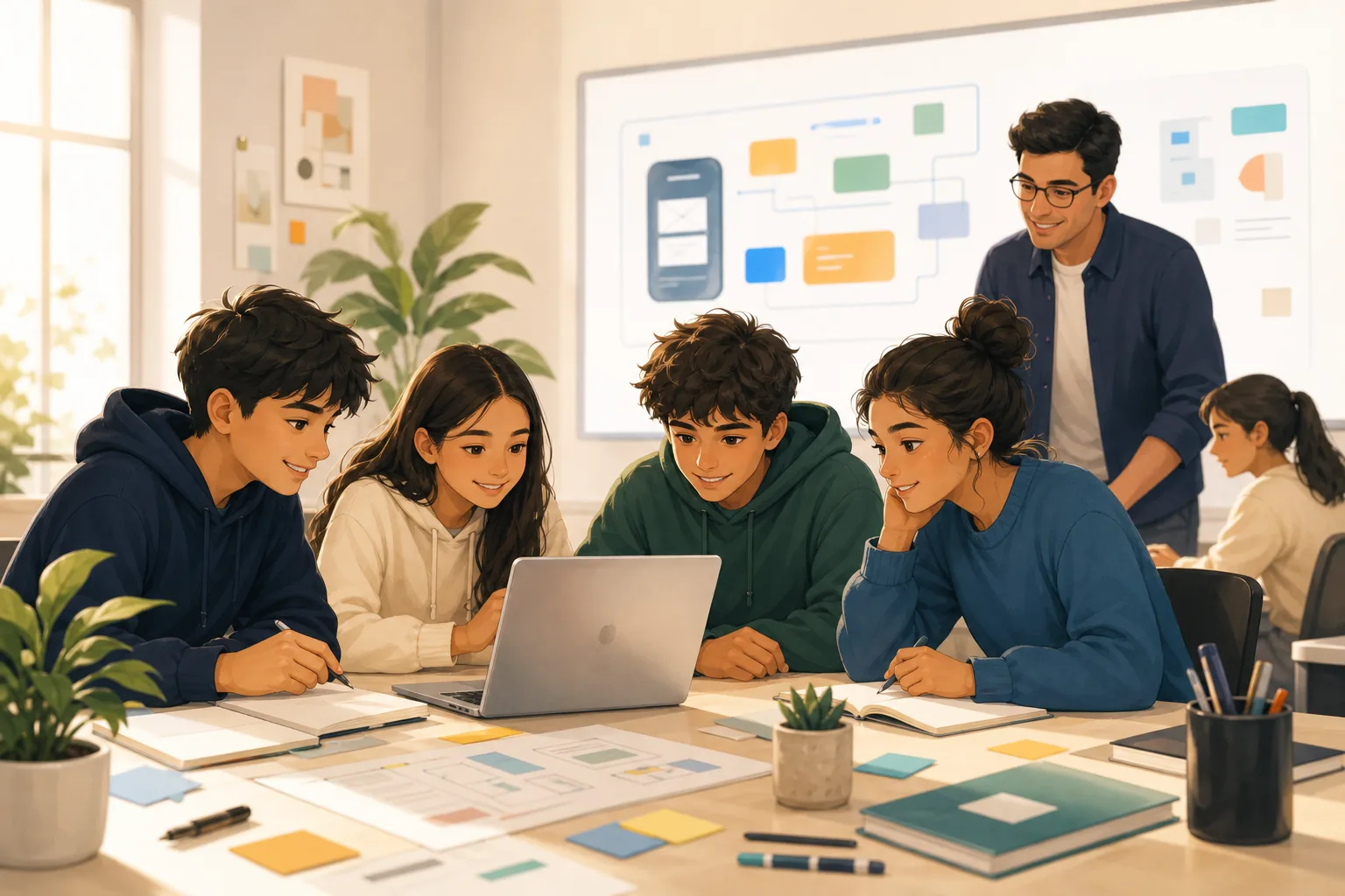 Students collaborating on product ideas in a warm builder studio