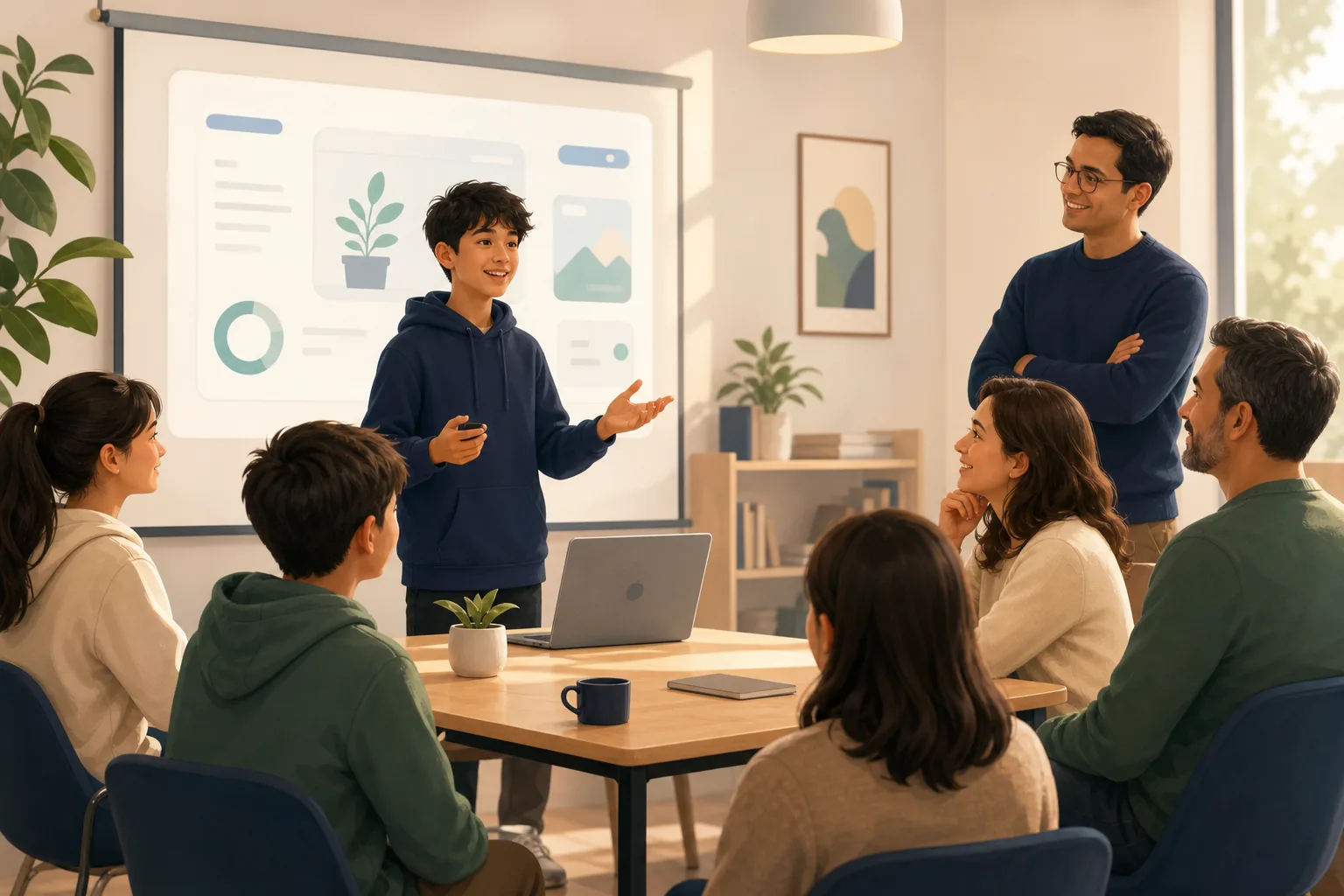 A student presenting an AI prototype during a supportive workshop